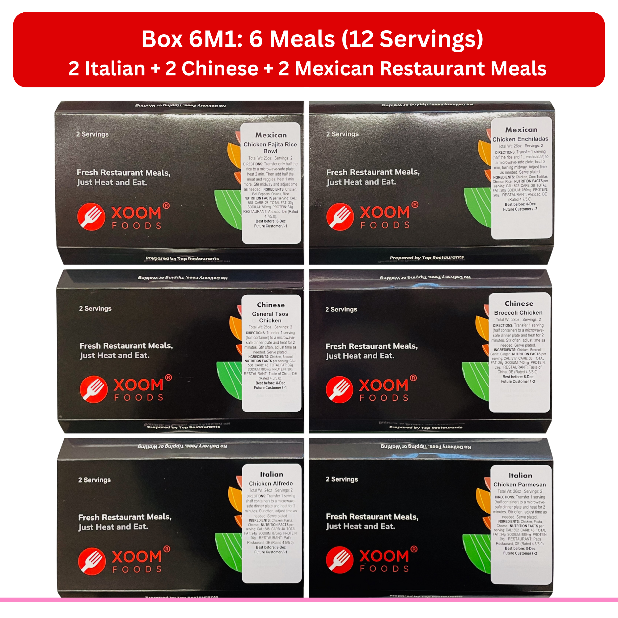 6 Italian + Chinese + Mexican Restaurant Meals (Box 6M1)