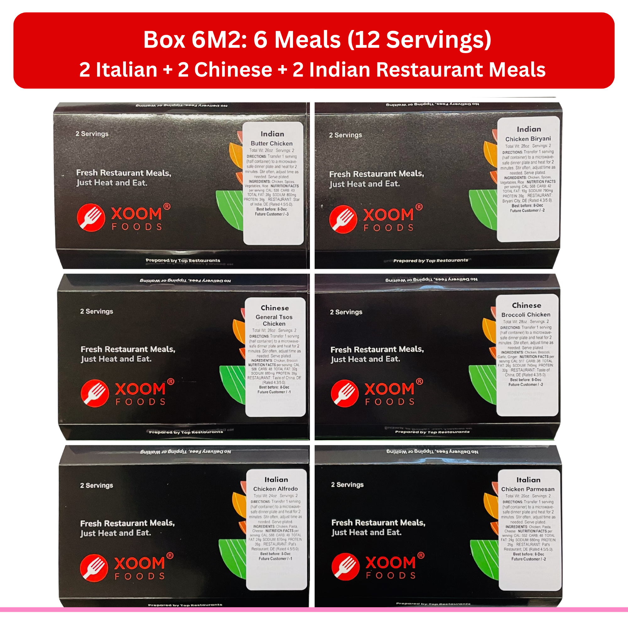 6 Italian + Chinese + Indian Restaurant Meals (Box 6M2)
