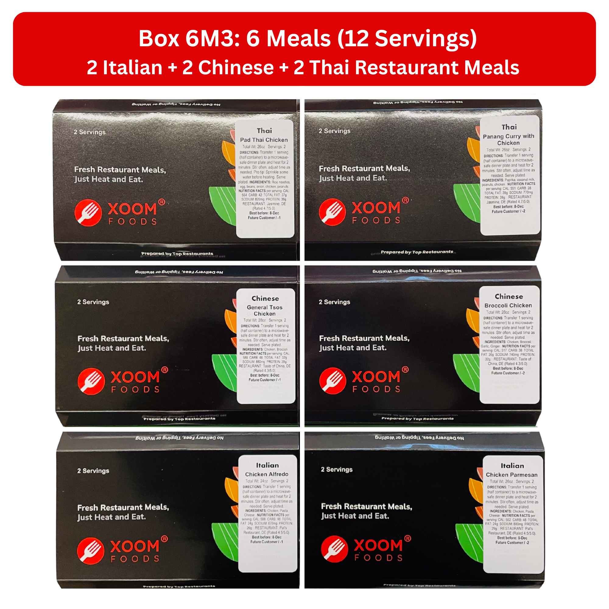 6 Italian + Chinese + Thai Restaurant Meals (Box 6M3)