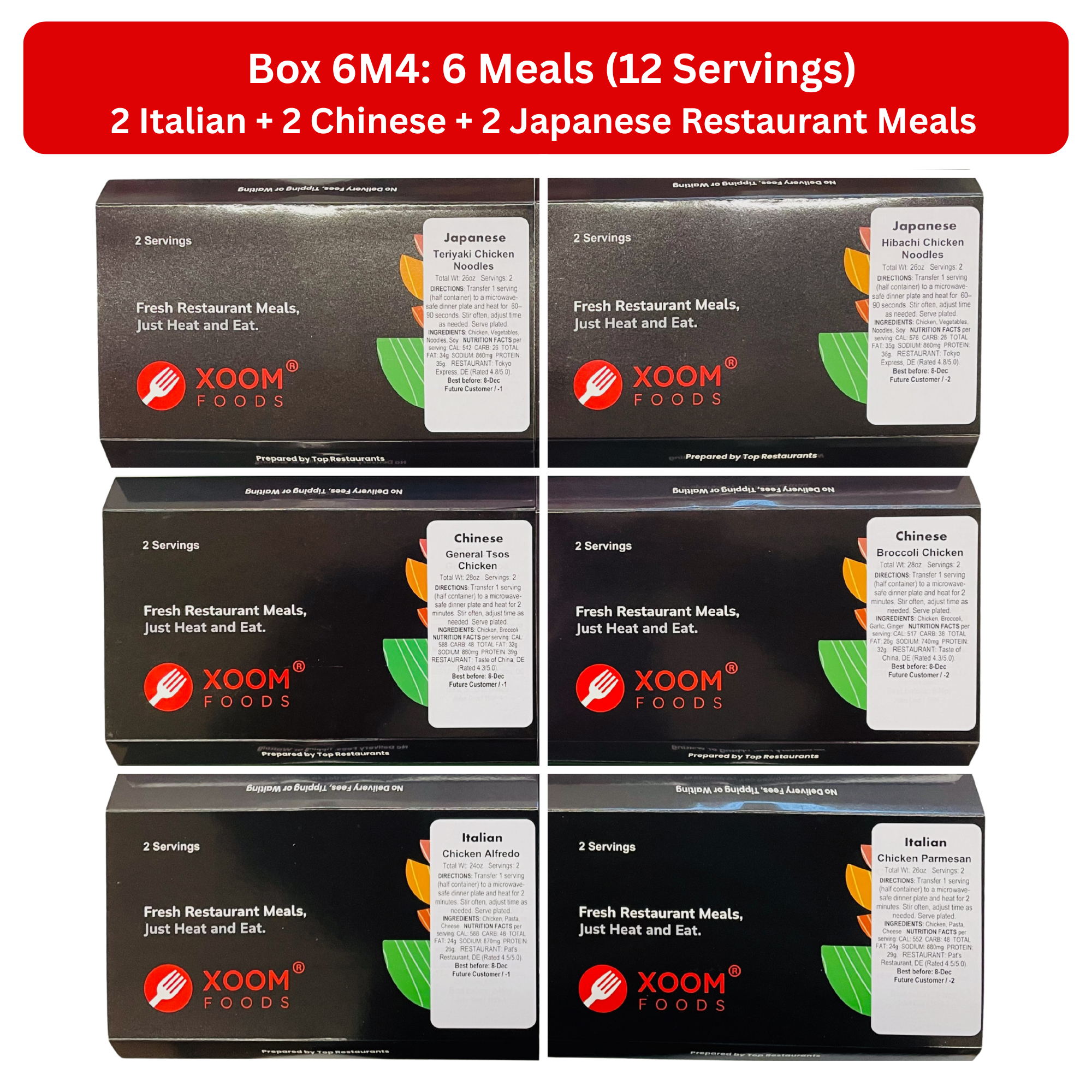 6 Italian + Chinese + Japanese Restaurant Meals (Box 6M4)