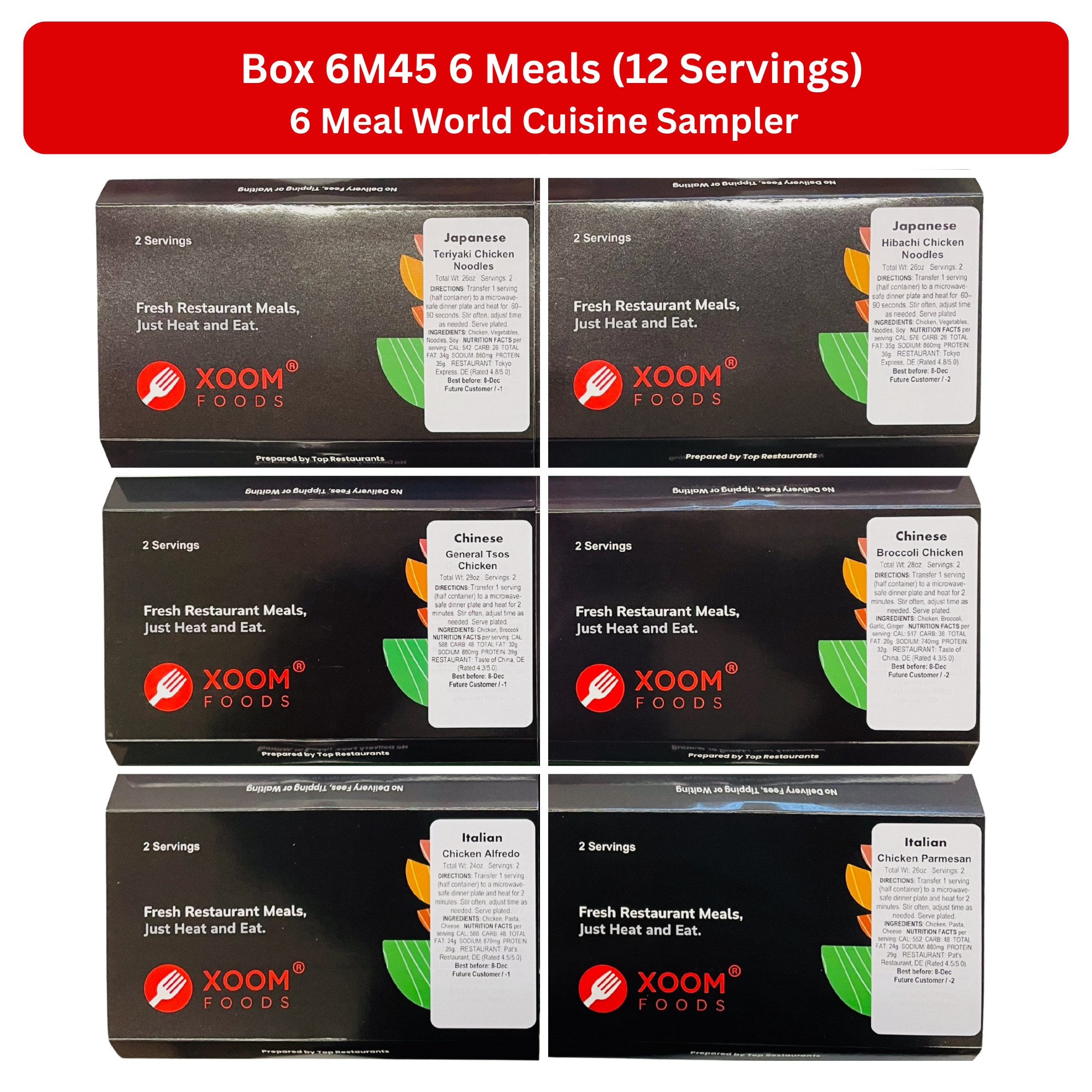 6 Cuisine World Sampler Restaurant Meals (Box 6M5)