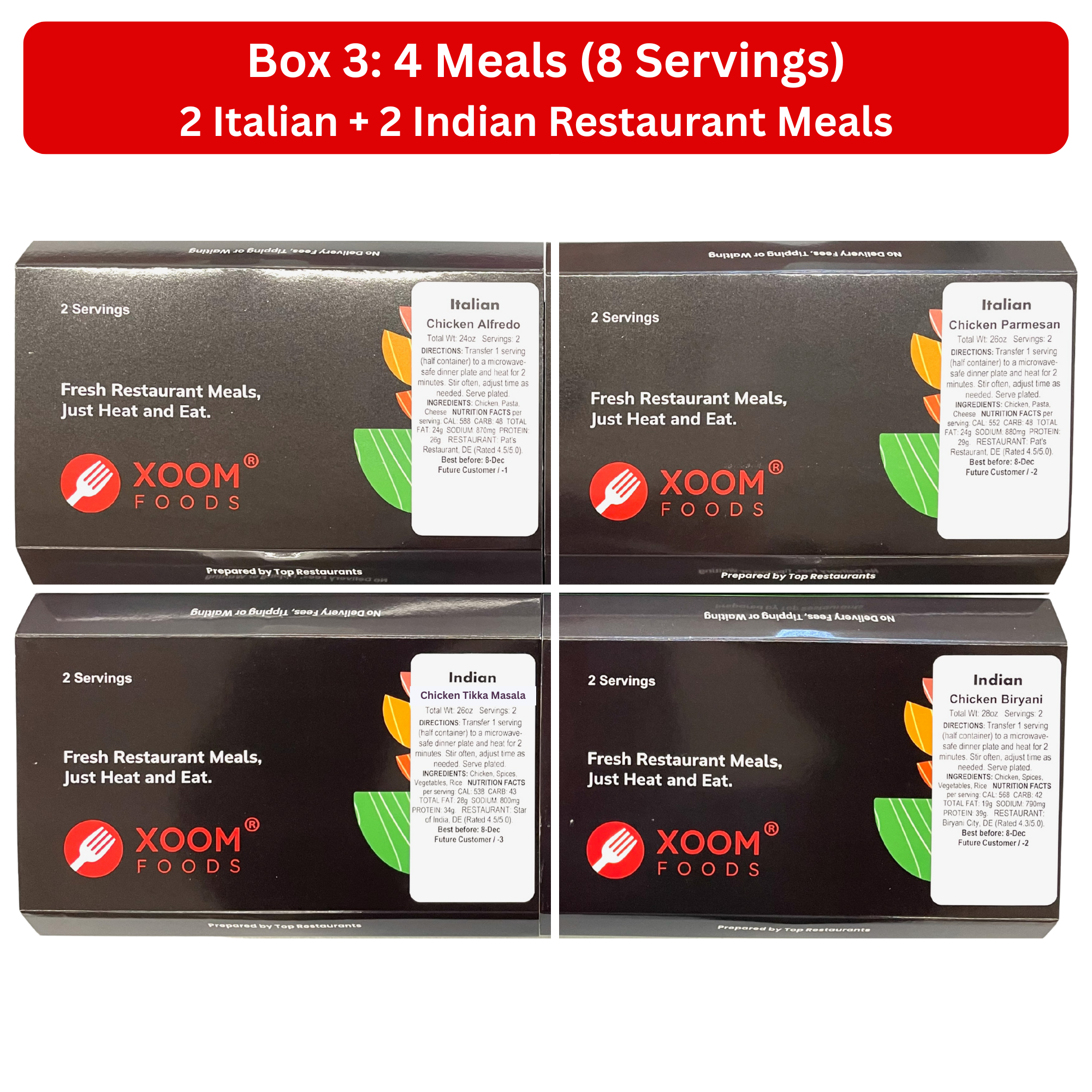 4 Italian + Indian Restaurant Meals (Box 4M3)